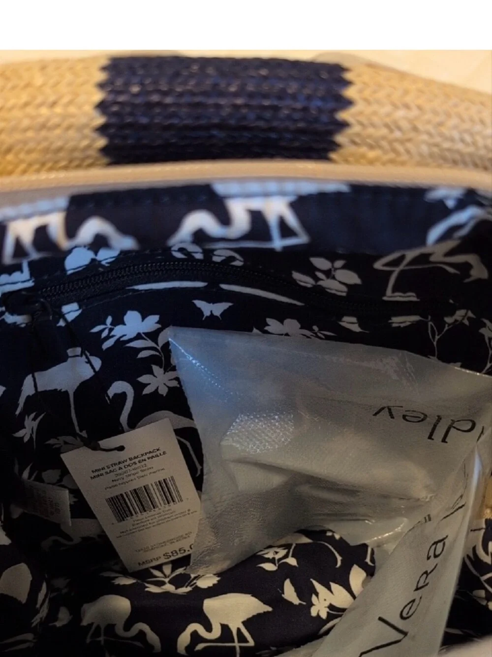 Vera Bradley Mini Straw Backpack, Navy Stripe Straw Floral $85